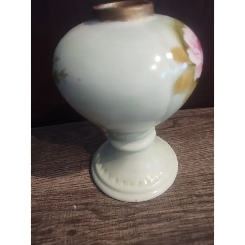 Lefton Vintage Porcelain Bud Vase Hand Painted 4169 Green Roses oil lamp base